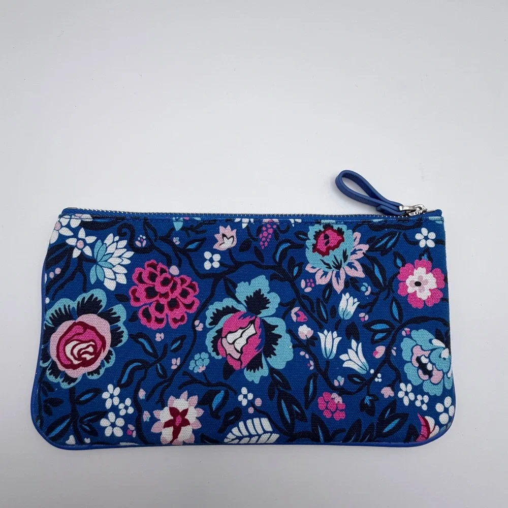Vera Bradley‎ Blue Floral Canvas Zipper Pouch Cosmetic Makeup Bag Travel Case
